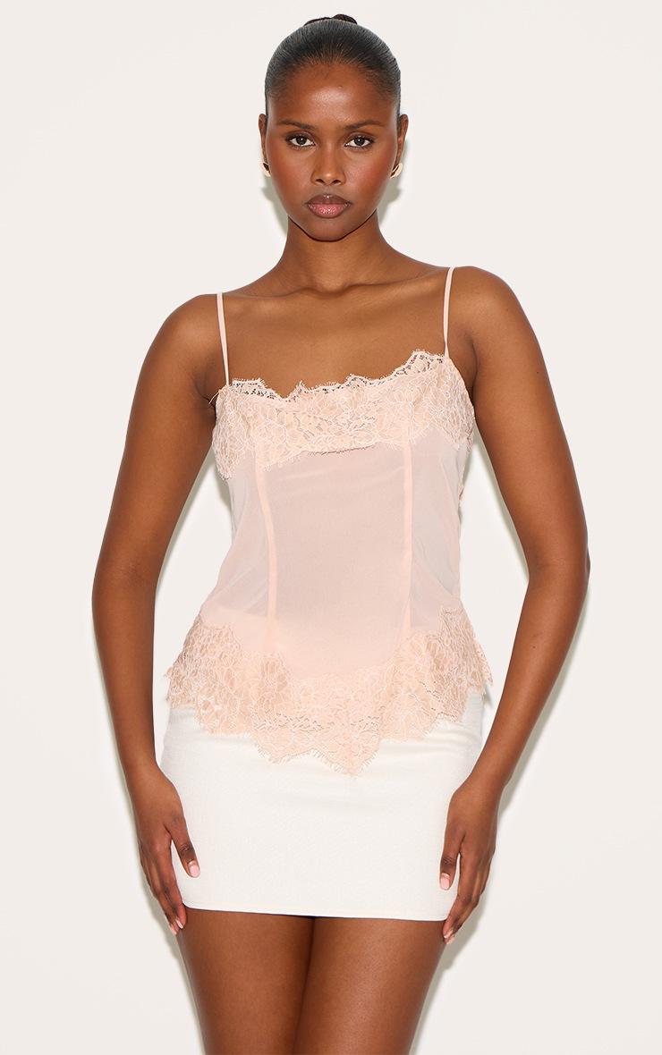Pretty Little Thing Dusky Pink Sheer Chiffon Strappy Lace Trim Cami Top