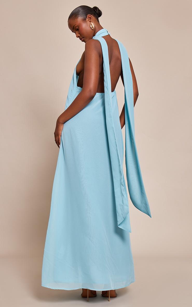 Pretty Little Thing Dusty Blue Chiffon High Neck Scarf Detail Maxi Dress