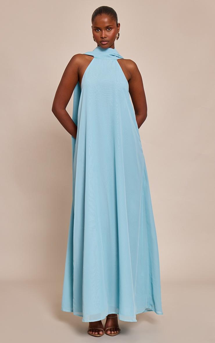 Pretty Little Thing Dusty Blue Chiffon High Neck Scarf Detail Maxi Dress