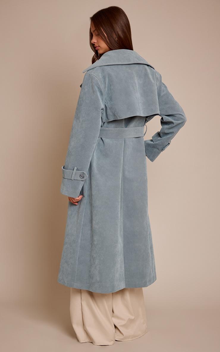 Pretty Little Thing Dusty Blue Faux Suede Belted Trench Coat