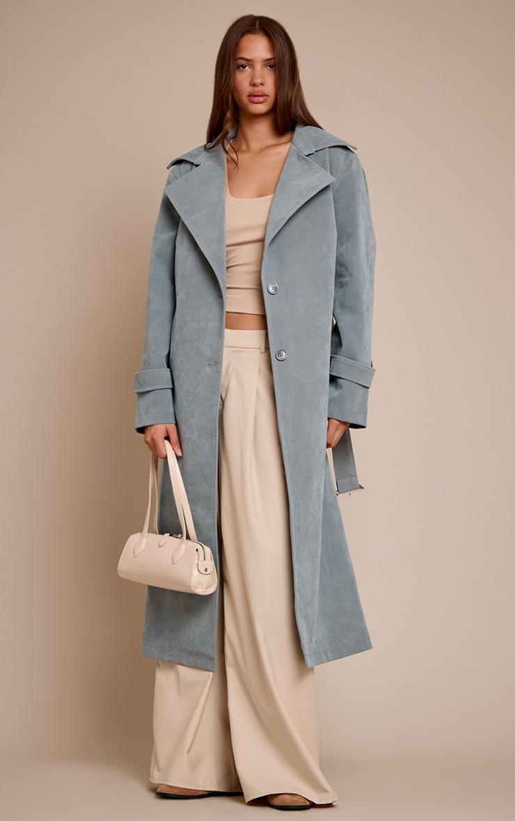 Pretty Little Thing Dusty Blue Faux Suede Belted Trench Coat