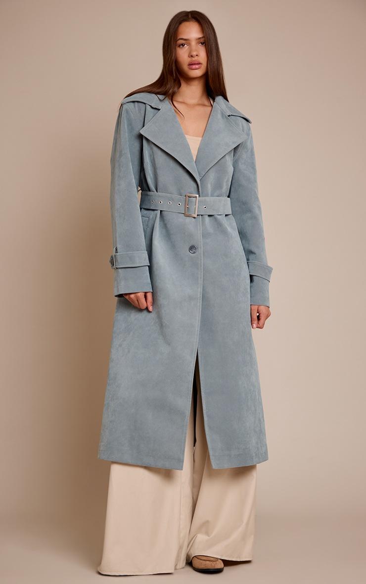 Pretty Little Thing Dusty Blue Faux Suede Belted Trench Coat