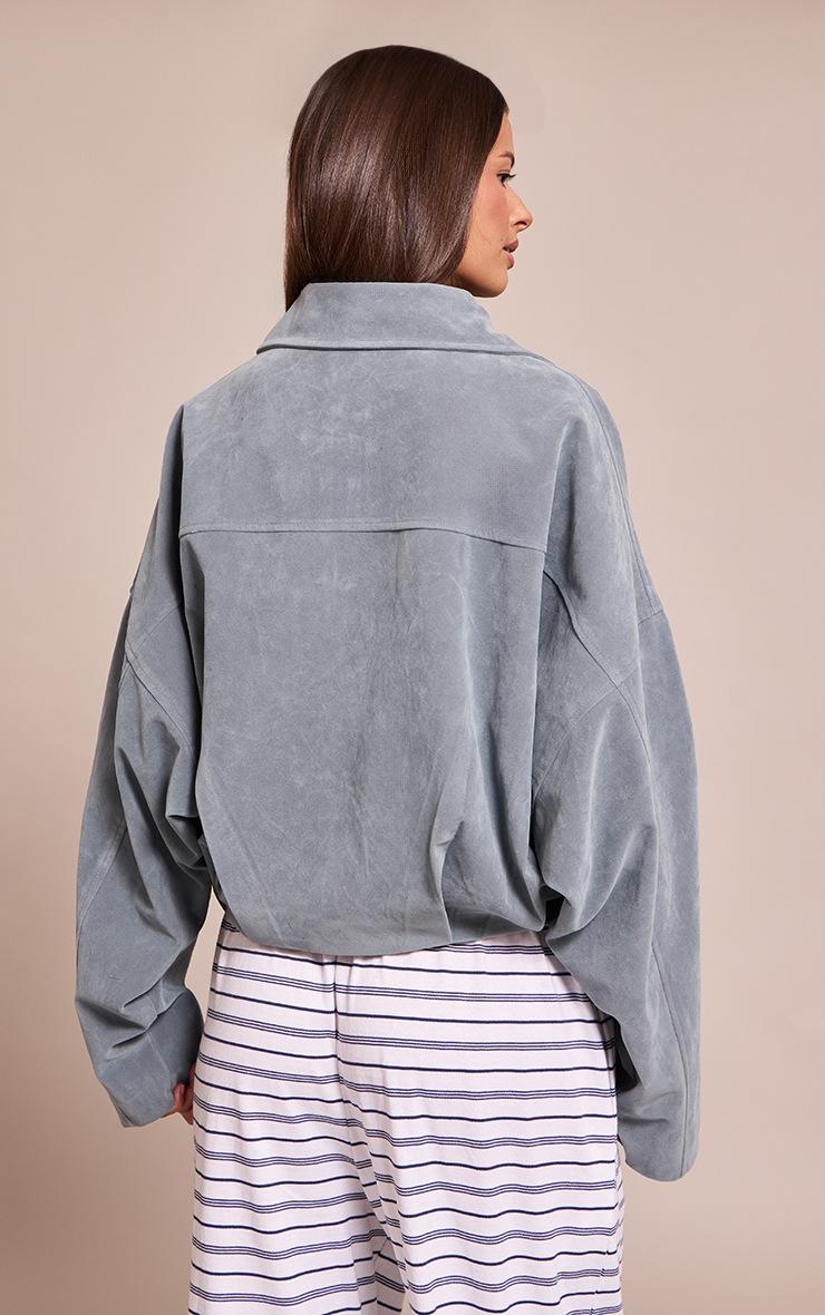 Pretty Little Thing Dusty Blue Faux Suede Covered Placket Bomber Jacket
