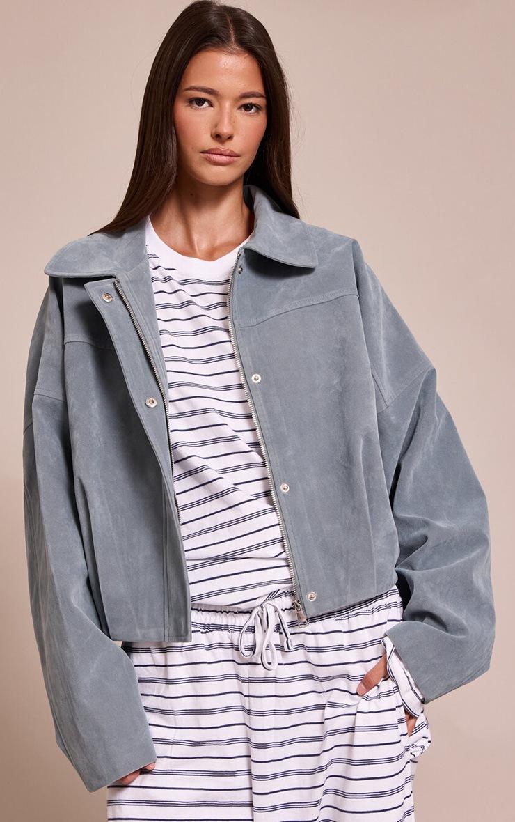 Pretty Little Thing Dusty Blue Faux Suede Covered Placket Bomber Jacket