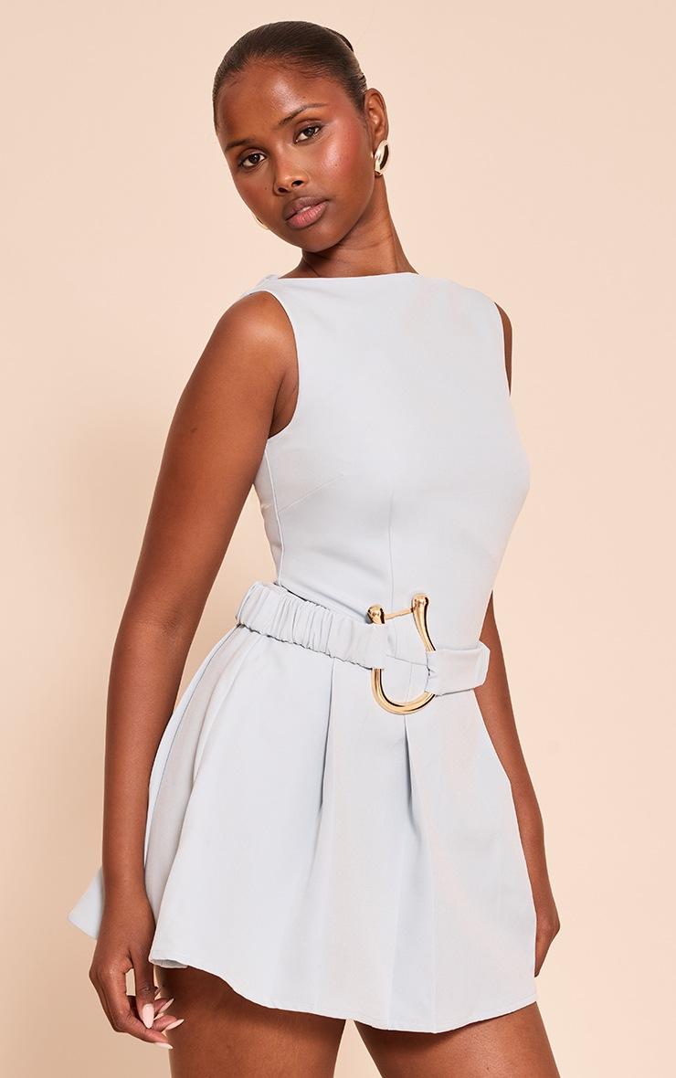 Pretty Little Thing Dusty Blue Woven Belt Detail Pleated Shift Dress