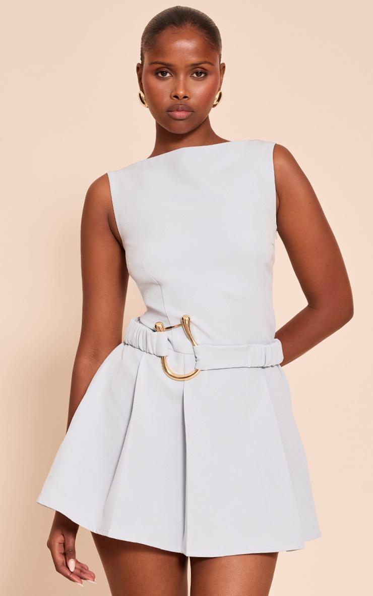Pretty Little Thing Dusty Blue Woven Belt Detail Pleated Shift Dress