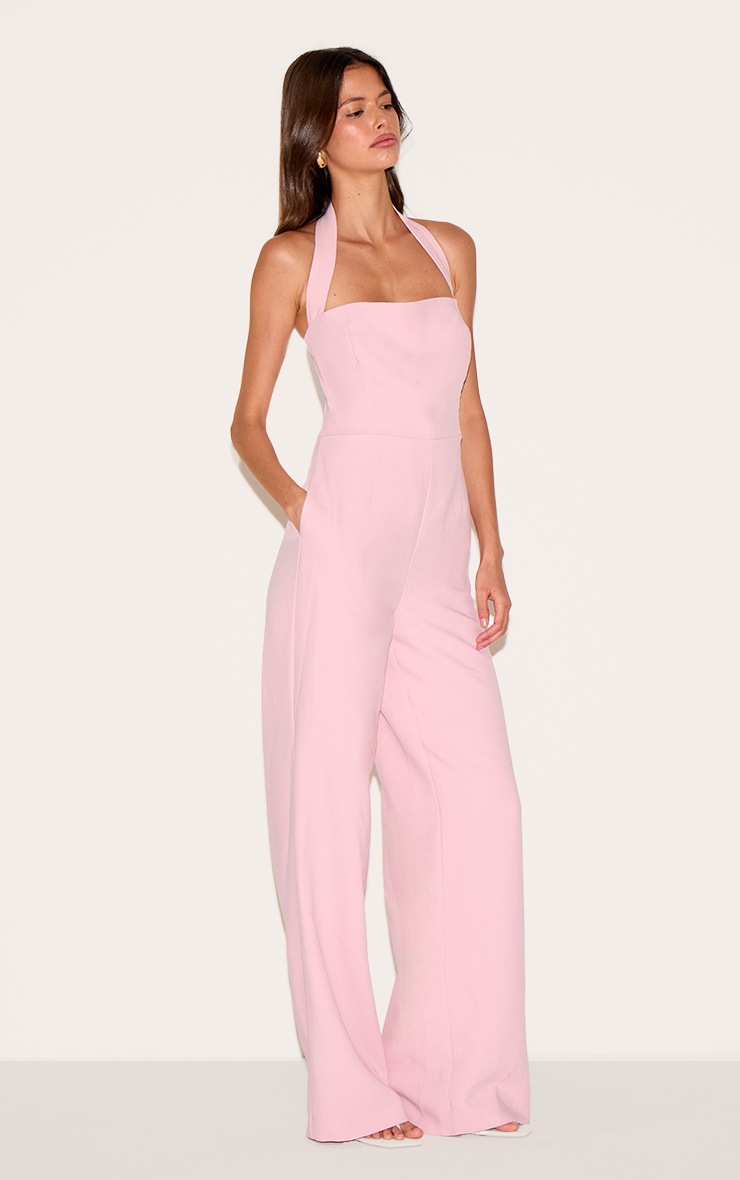 Pretty Little Thing Dusty Pink Premium Woven Halterneck Straight Leg Jumpsuit