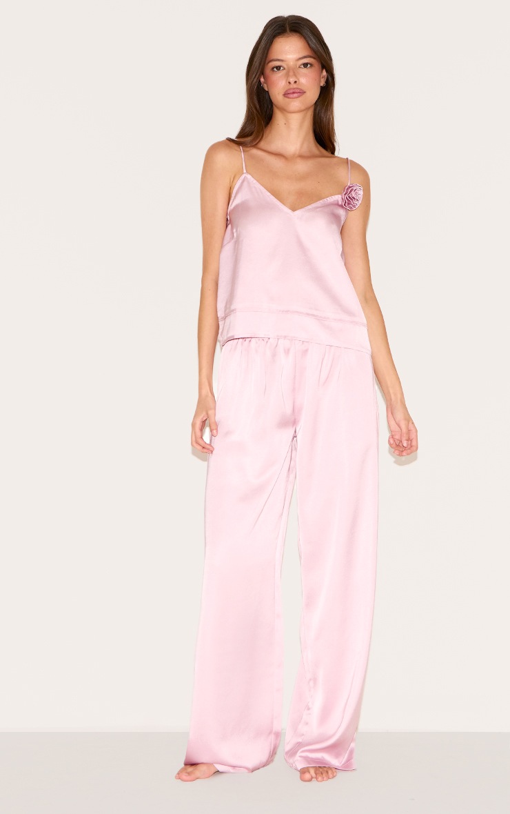 Pretty Little Thing Dusty Pink Satin Flower Trim Cami Long Pj Set