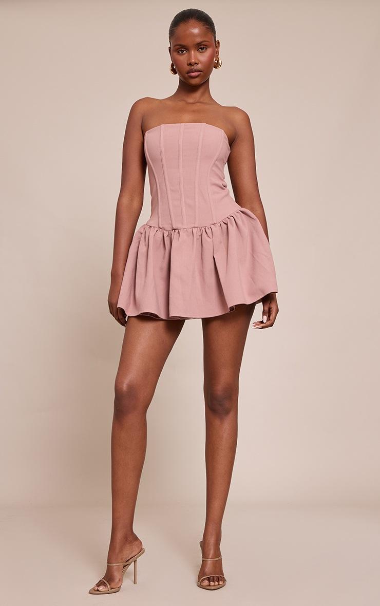 Pretty Little Thing Dusty Pink Woven Bandeau Corset Frill Hem Mini Dress