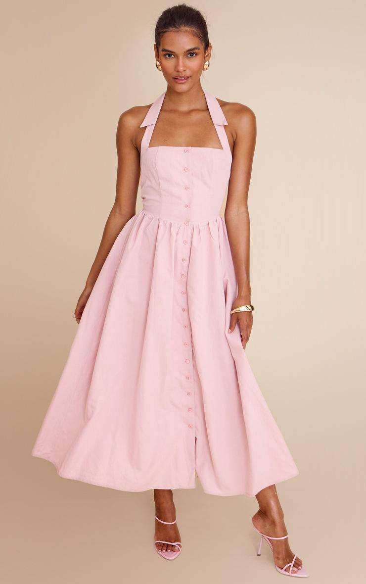 Pretty Little Thing Dusty Pink Woven Button Collar Midaxi Dress