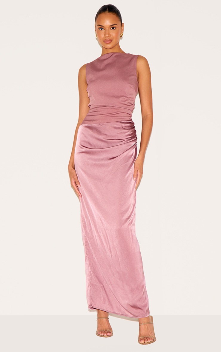 Pretty Little Thing Dusty Pink Woven High Neck Ruched Drape Midaxi Dress