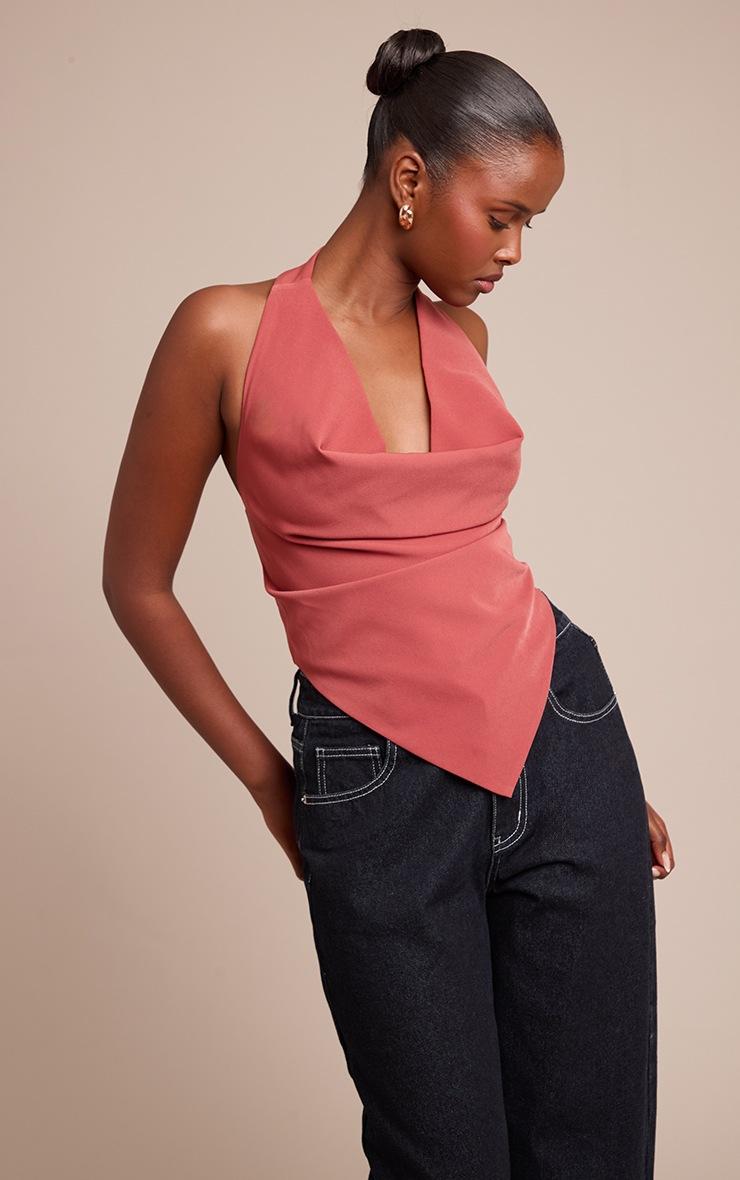 Pretty Little Thing Dusty Rose Woven Halterneck Cowl Long Top