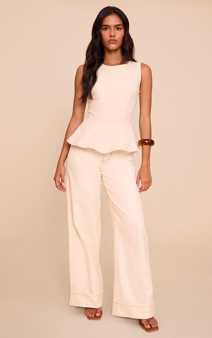 Pretty Little Thing Ecru Boatneck Peplum Sleeveless Denim Top