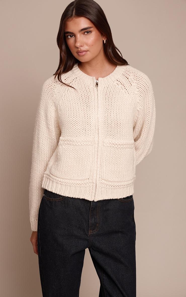 Pretty Little Thing Ecru Chunky Knitted Zip Up Cardigan