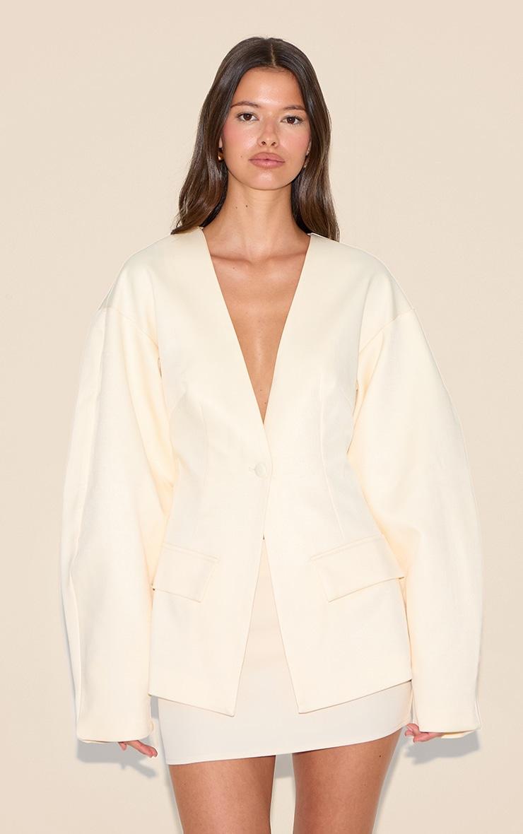 Pretty Little Thing Ecru Cocoon Sleeve Cinched Waist Pocket Blazer