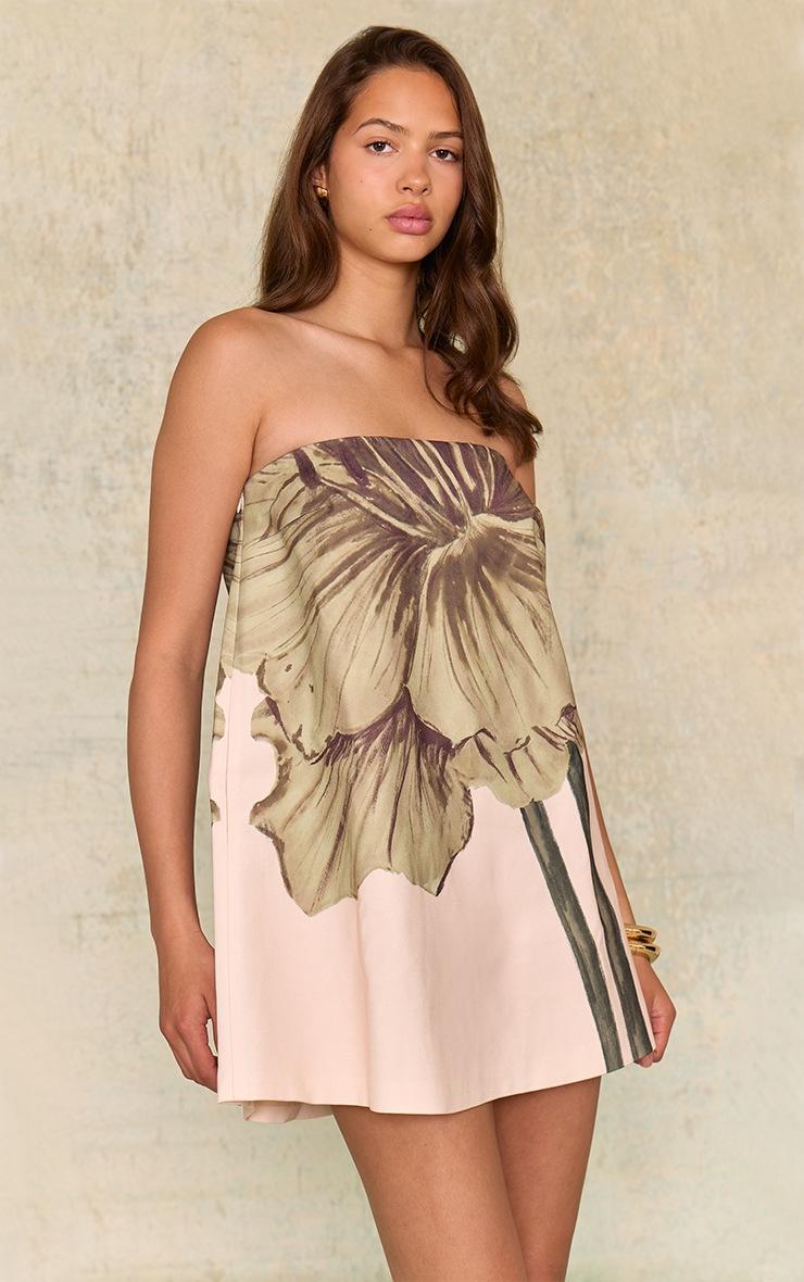 Pretty Little Thing Ecru Floral Printed Bandeau A-line Dress