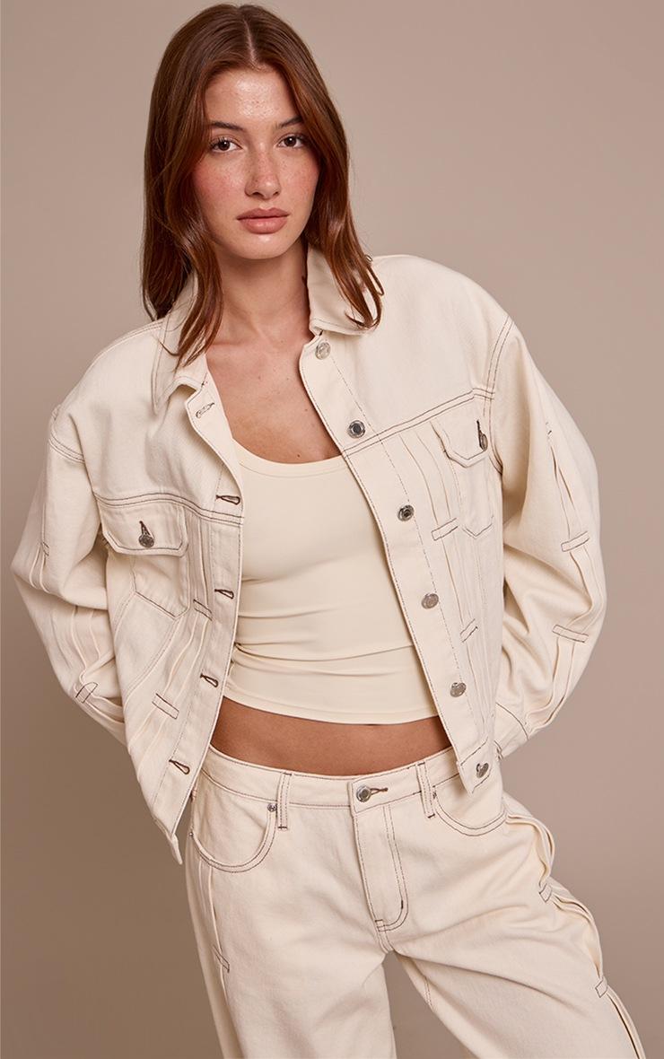 Pretty Little Thing Ecru Pleat Detail Boxy Denim Jacket