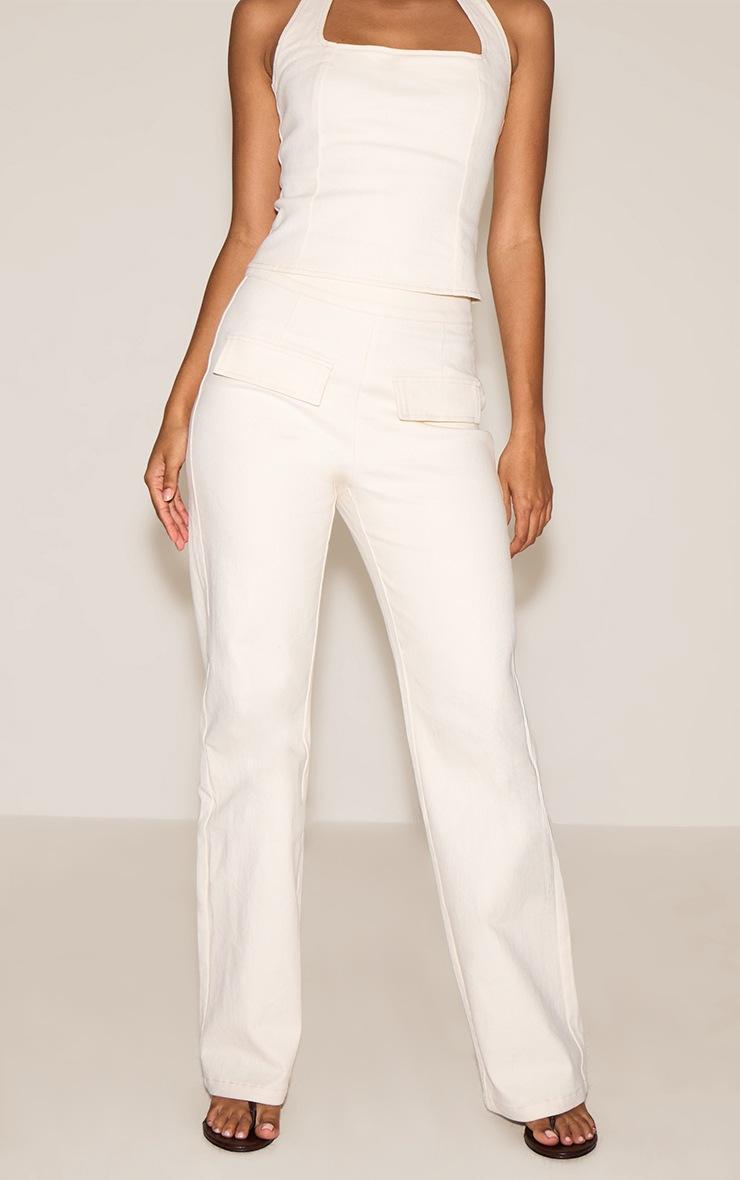 Pretty Little Thing Ecru Pocket Detail Stretch Denim Straight Leg Jeans