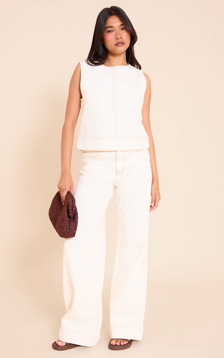 Pretty Little Thing Ecru Round Neck Sleeveless Boxy Denim Top