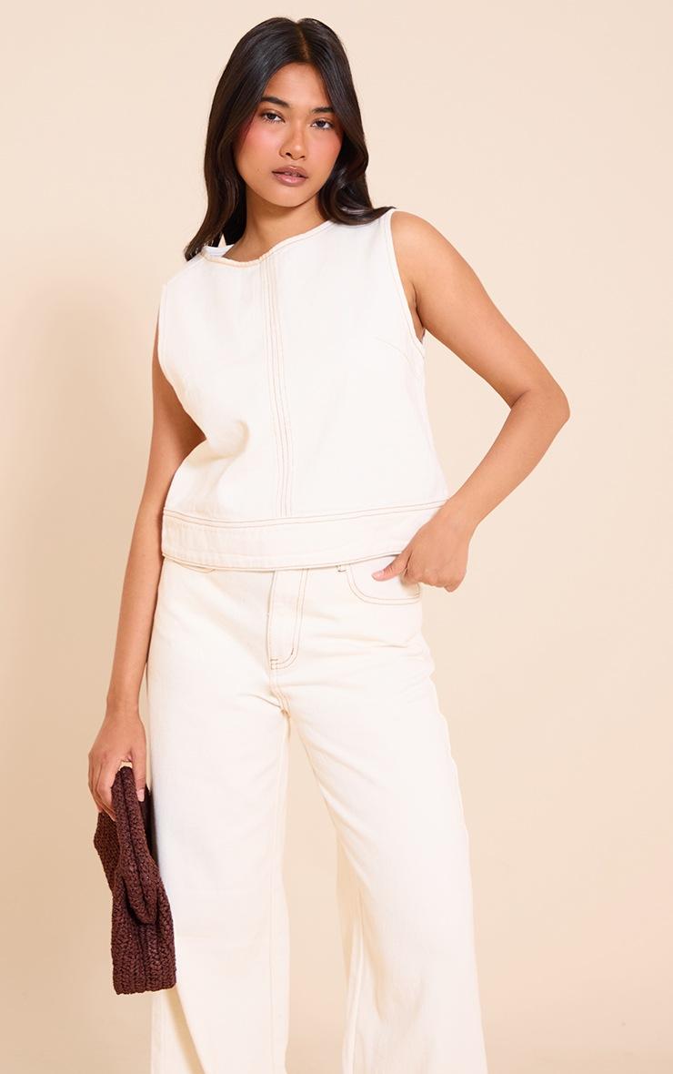 Pretty Little Thing Ecru Round Neck Sleeveless Boxy Denim Top