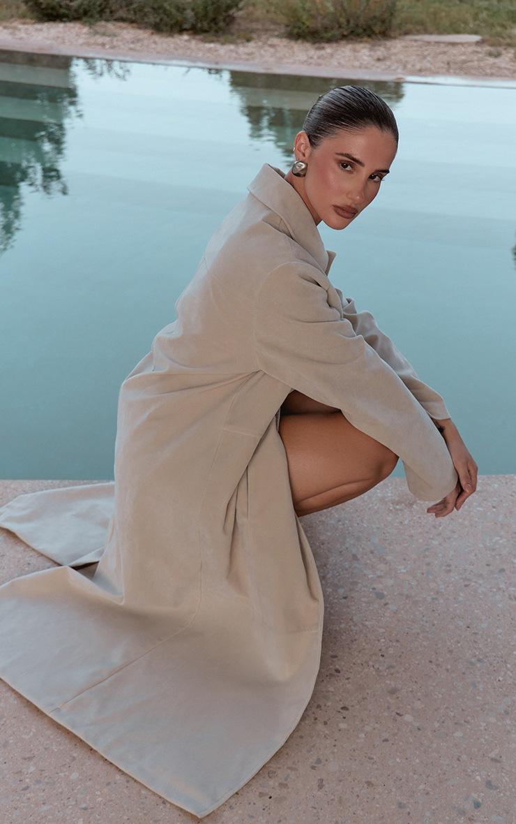 Pretty Little Thing Ecru Suede Longline Button Coat