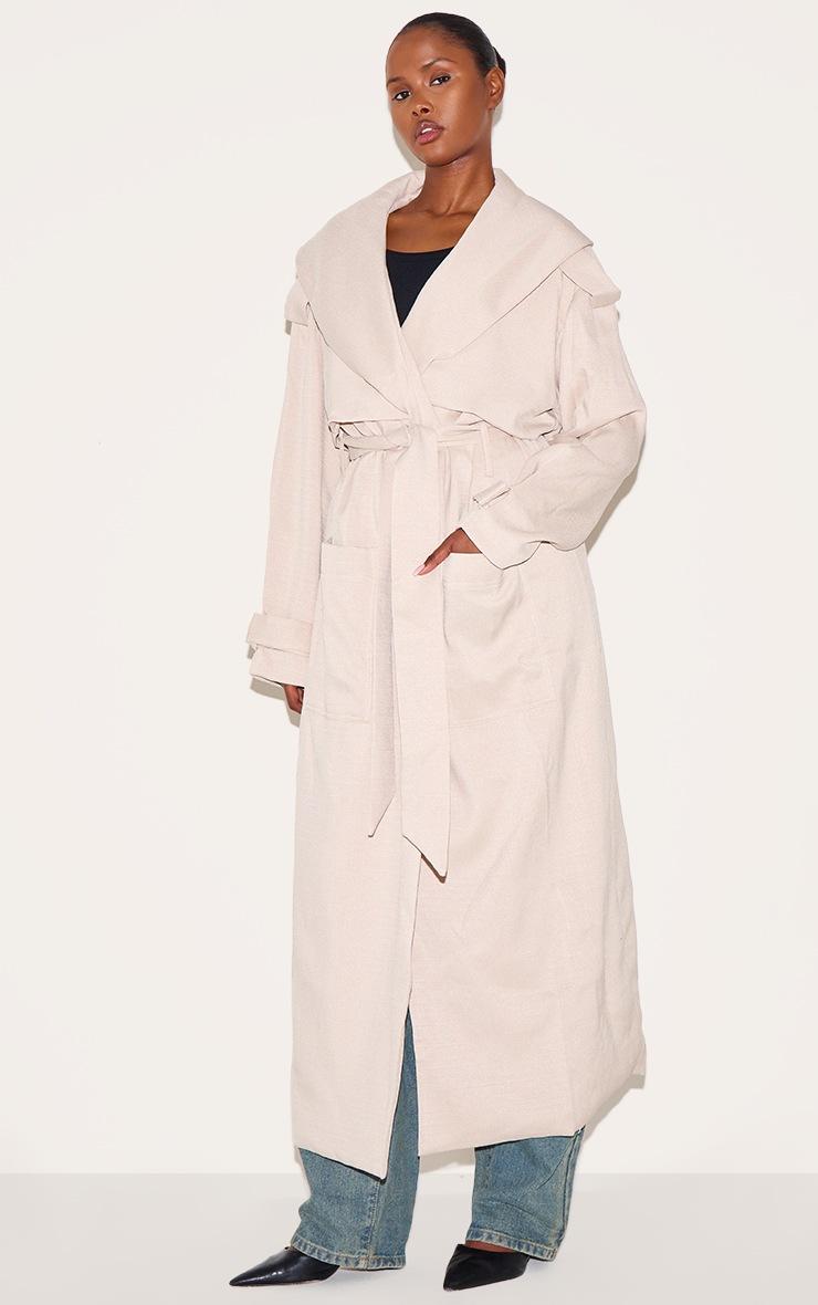 Pretty Little Thing Ecru Textured Tie Detail Oversized Trench Coat