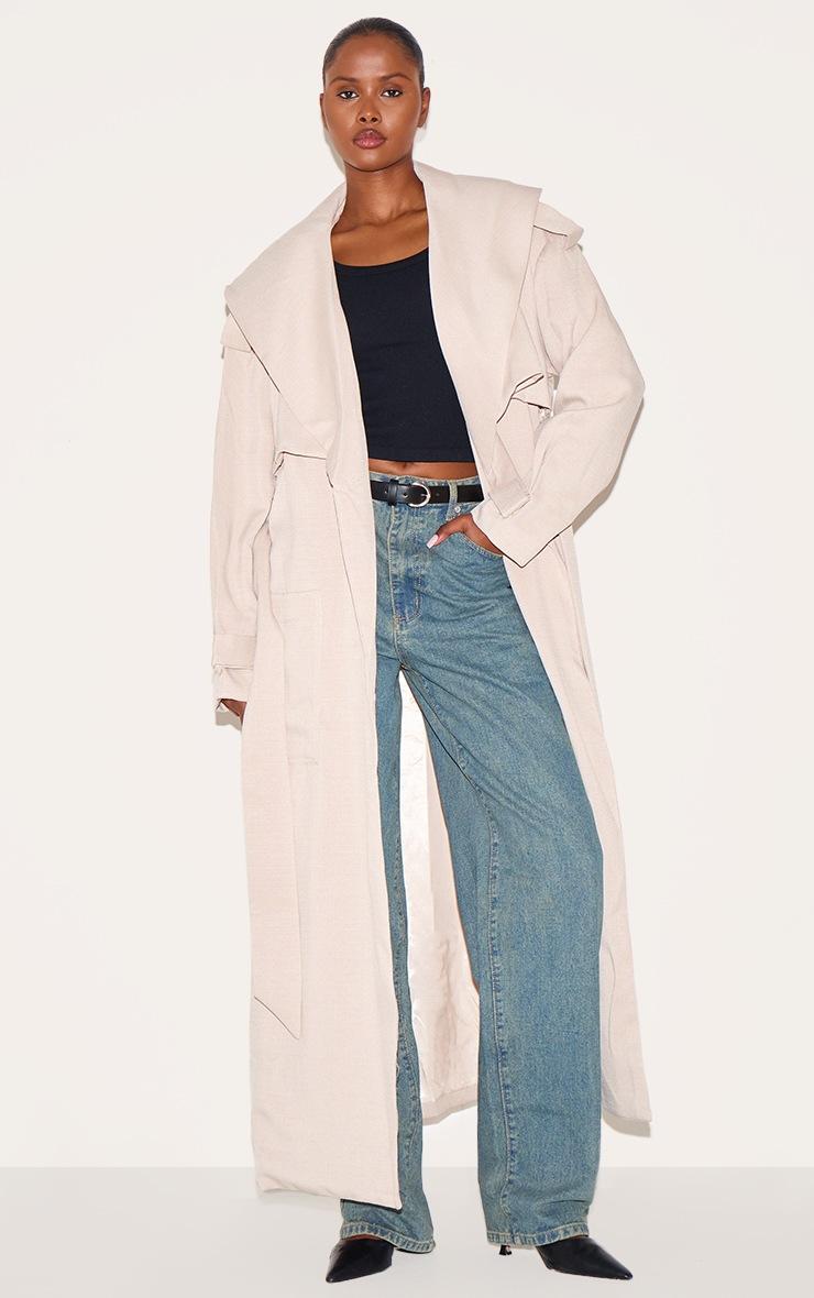Pretty Little Thing Ecru Textured Tie Detail Oversized Trench Coat