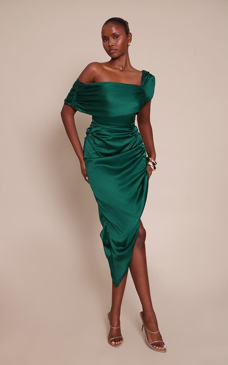 Pretty Little Thing Emerald Bardot Asymmetric Hem Dress