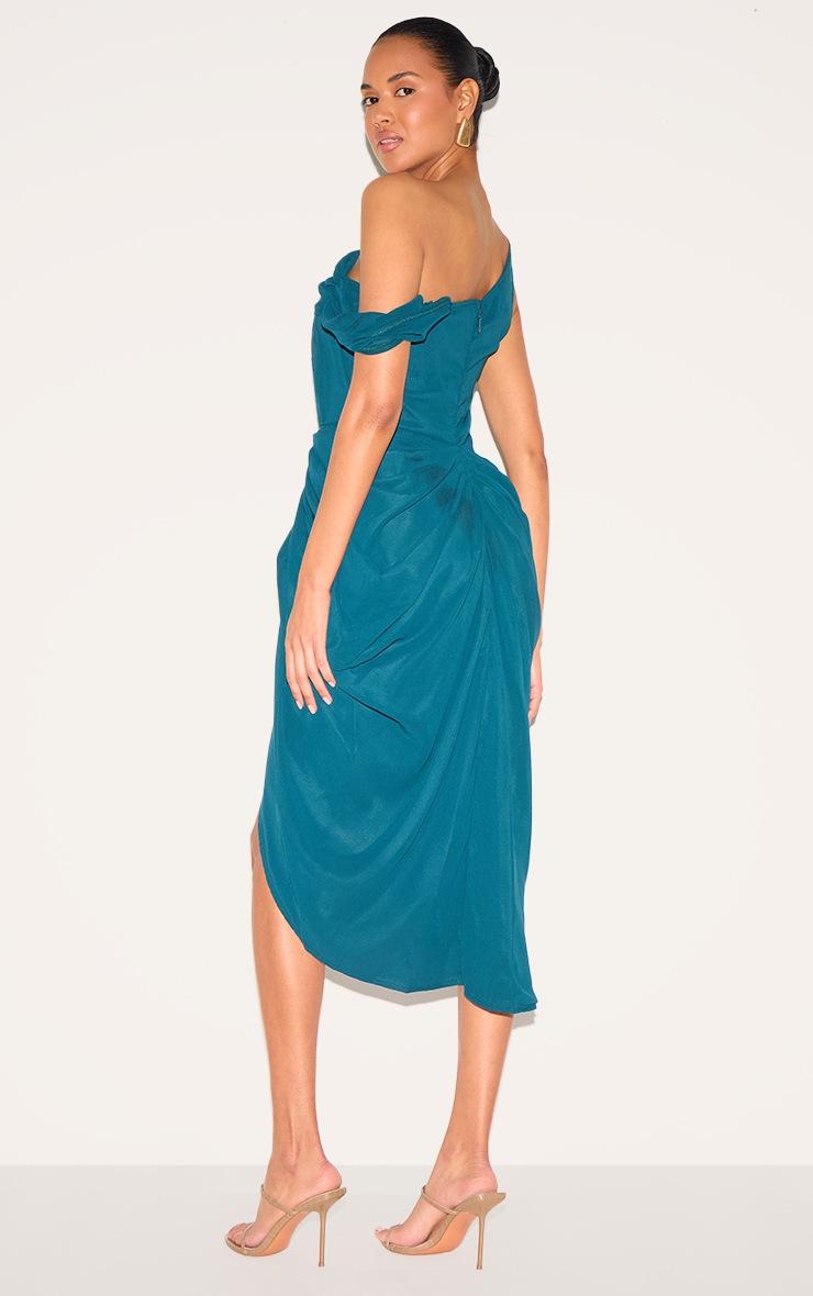 Pretty Little Thing Emerald Green Chiffon Asymmetric Strap Draped Midi Dress