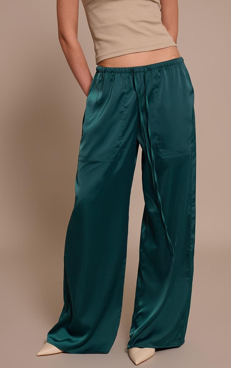 Pretty Little Thing Emerald Green Satin Low Rise Wide Leg Drawstring Pants