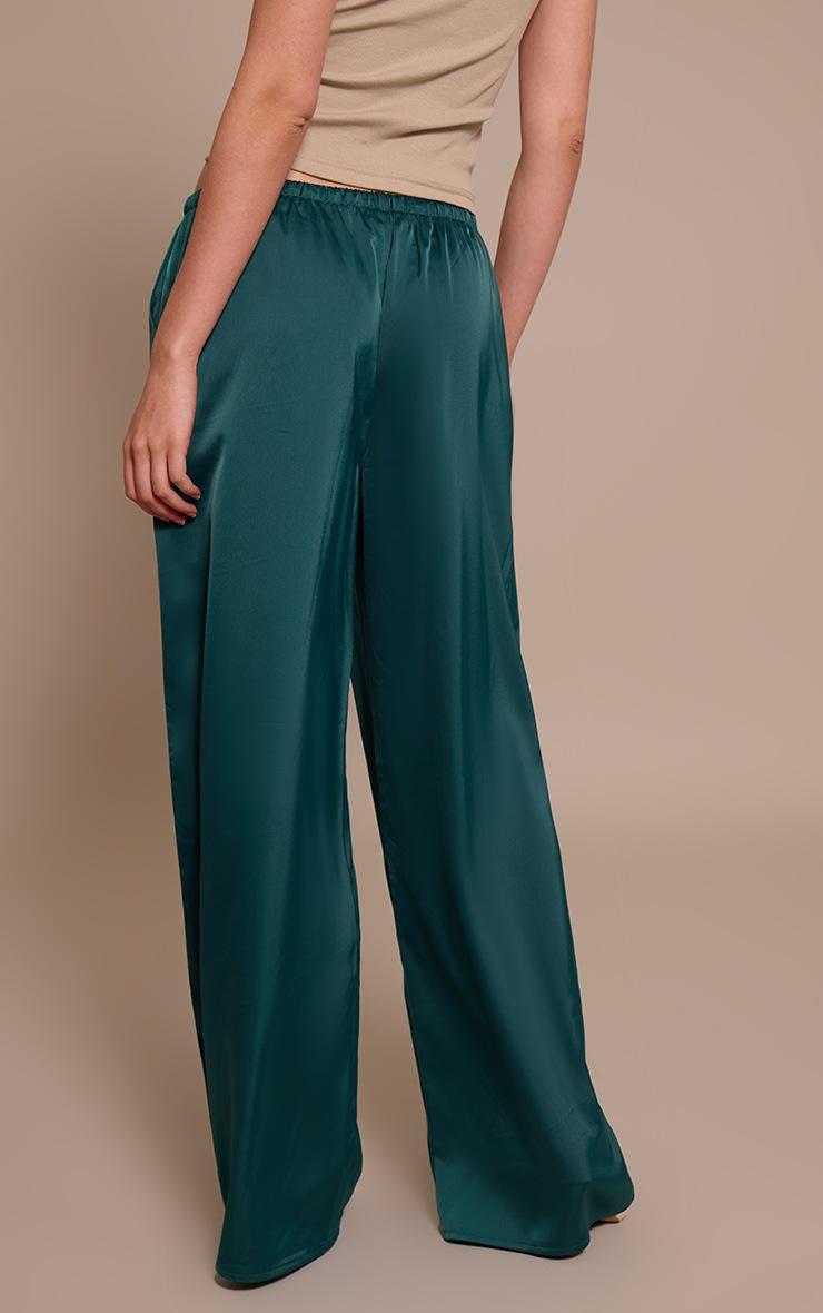 Pretty Little Thing Emerald Green Satin Low Rise Wide Leg Drawstring Pants