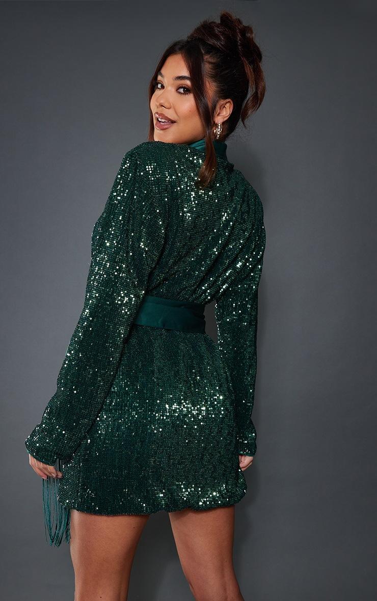 Pretty Little Thing Emerald Green Sequin Tassel Tie Detail Blazer Dress