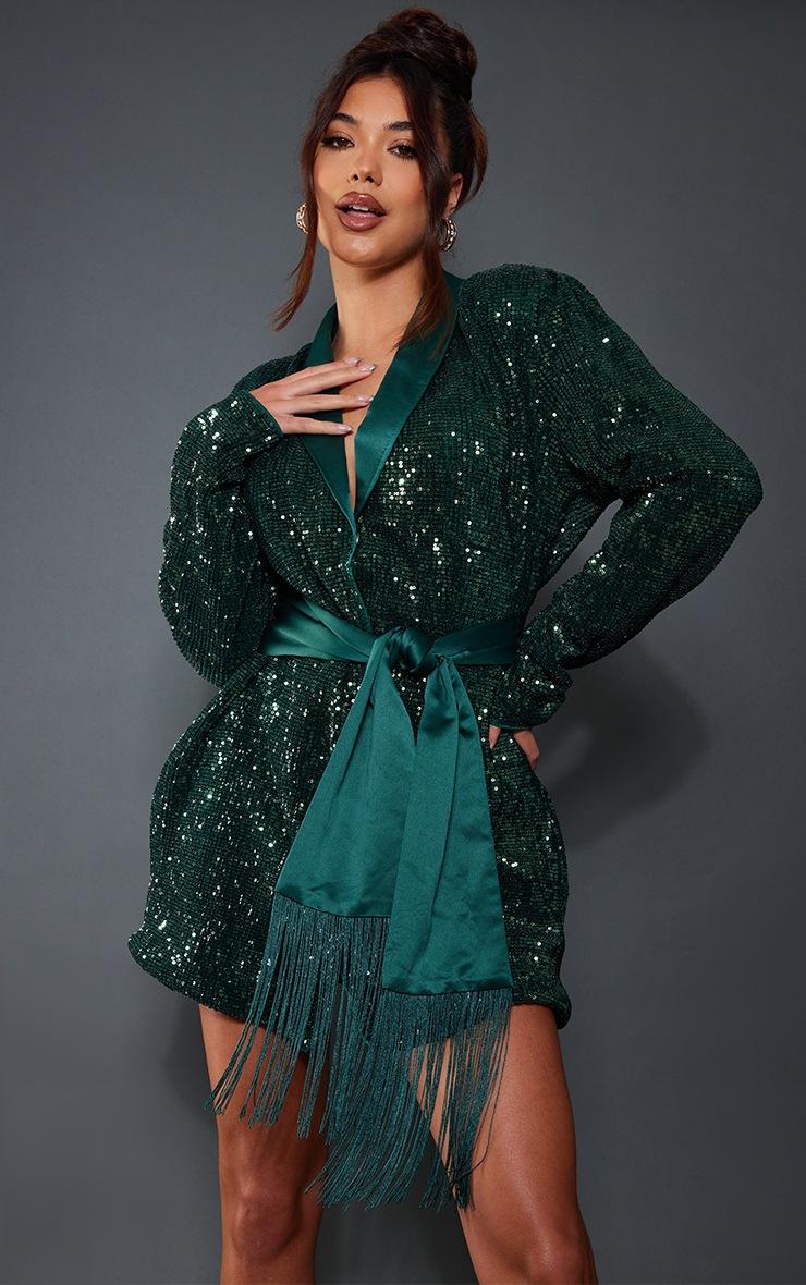 Pretty Little Thing Emerald Green Sequin Tassel Tie Detail Blazer Dress