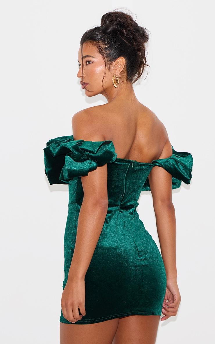 Pretty Little Thing Emerald Green Velvet Bardot Ruffle Bodycon Dress