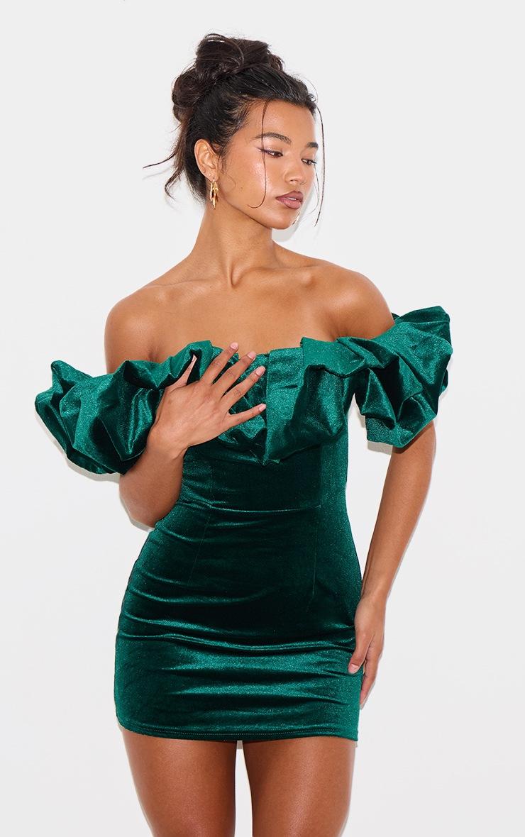 Pretty Little Thing Emerald Green Velvet Bardot Ruffle Bodycon Dress
