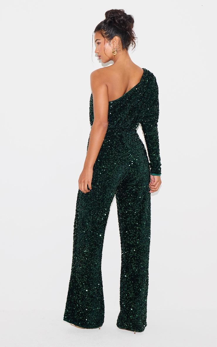 Pretty Little Thing Emerald Green Velvet Sequin One Shoulder Wide Leg Jumpsuit