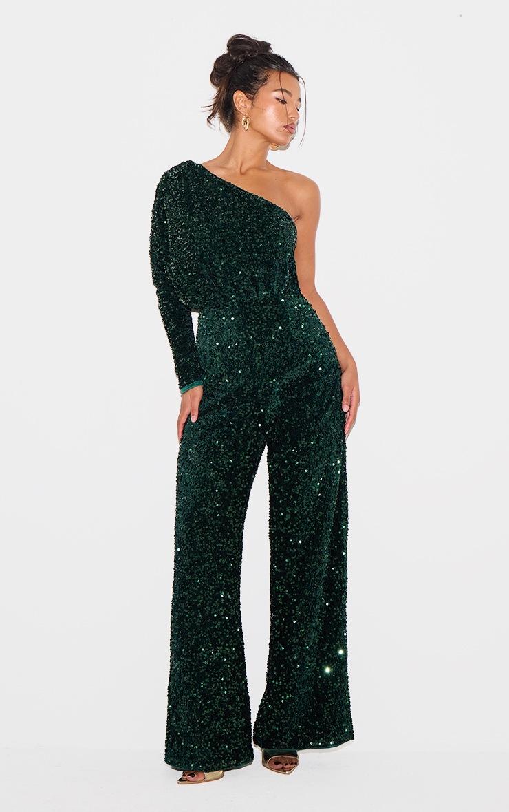 Pretty Little Thing Emerald Green Velvet Sequin One Shoulder Wide Leg Jumpsuit