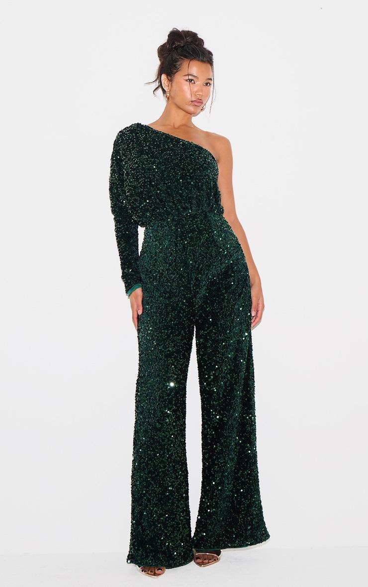 Pretty Little Thing Emerald Green Velvet Sequin One Shoulder Wide Leg Jumpsuit