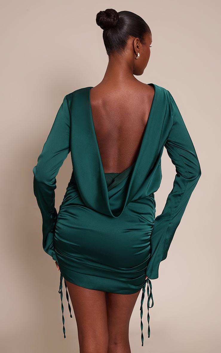 Pretty Little Thing Emerald Satin Ruched Cowl Back Bodycon Dress