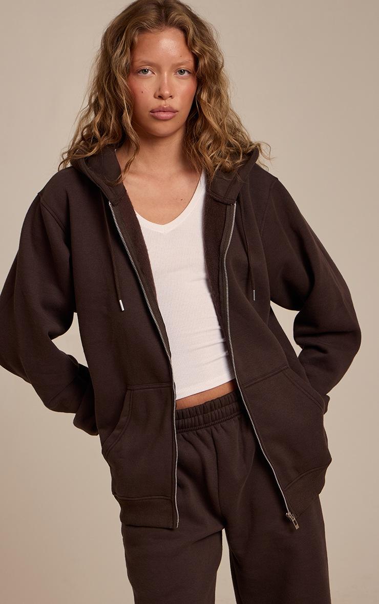 Pretty Little Thing Espresso Cotton Fleece Full Zip Hoodie