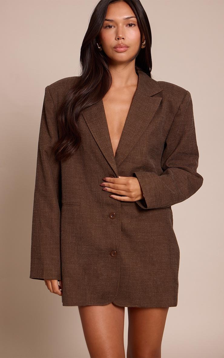 Pretty Little Thing Espresso Textured Woven Boxy Blazer Dress