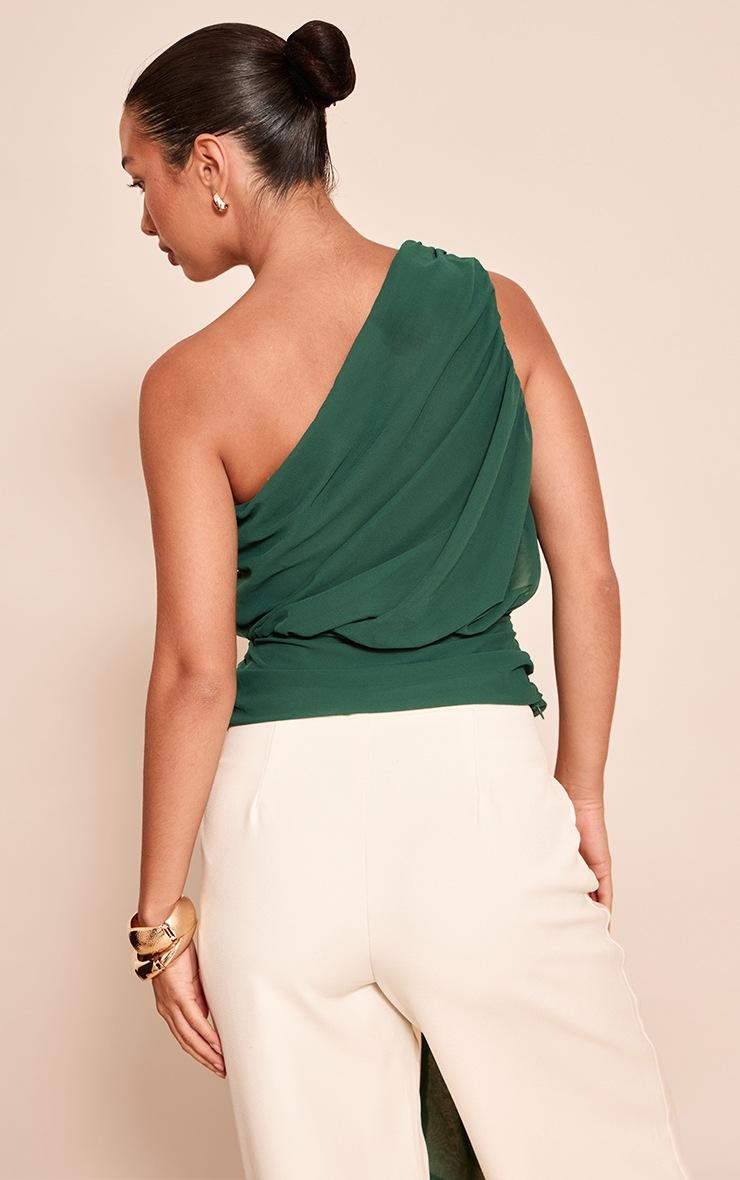 Pretty Little Thing Forest Green Chiffon One Shoulder Ruched Trim Drape Top
