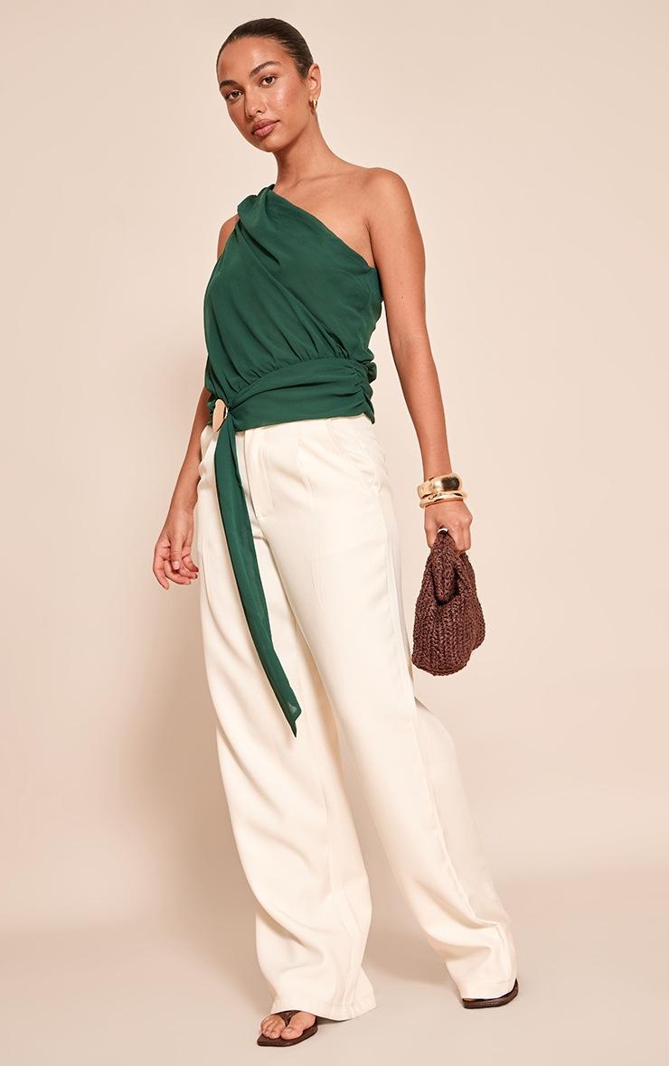 Pretty Little Thing Forest Green Chiffon One Shoulder Ruched Trim Drape Top