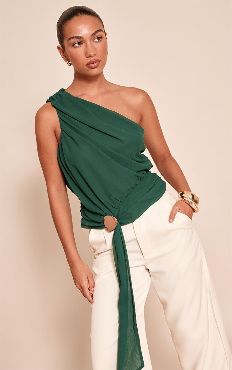 Pretty Little Thing Forest Green Chiffon One Shoulder Ruched Trim Drape Top