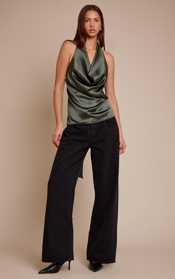 Pretty Little Thing Forest Green Satin Drape Plunge Cowl Top