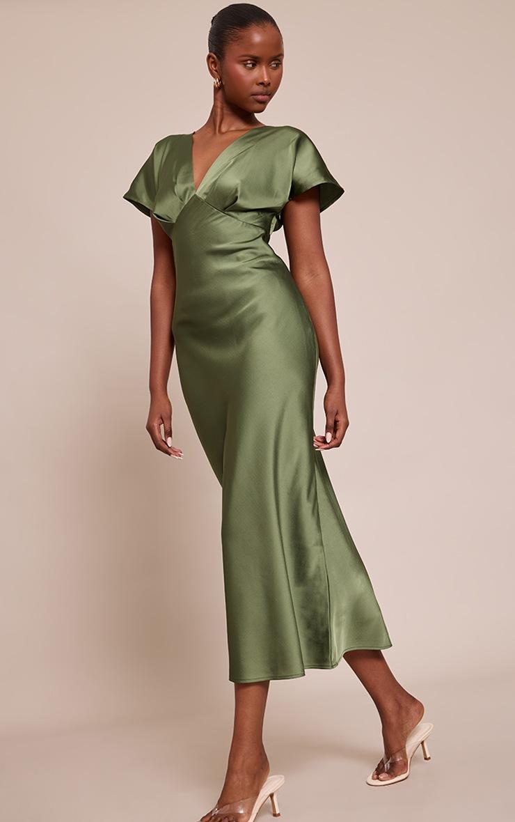Pretty Little Thing Forest Green Satin Short Sleeve Midaxi Dress