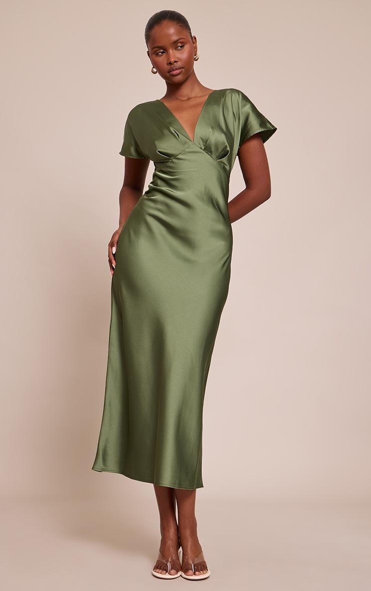 Pretty Little Thing Forest Green Satin Short Sleeve Midaxi Dress