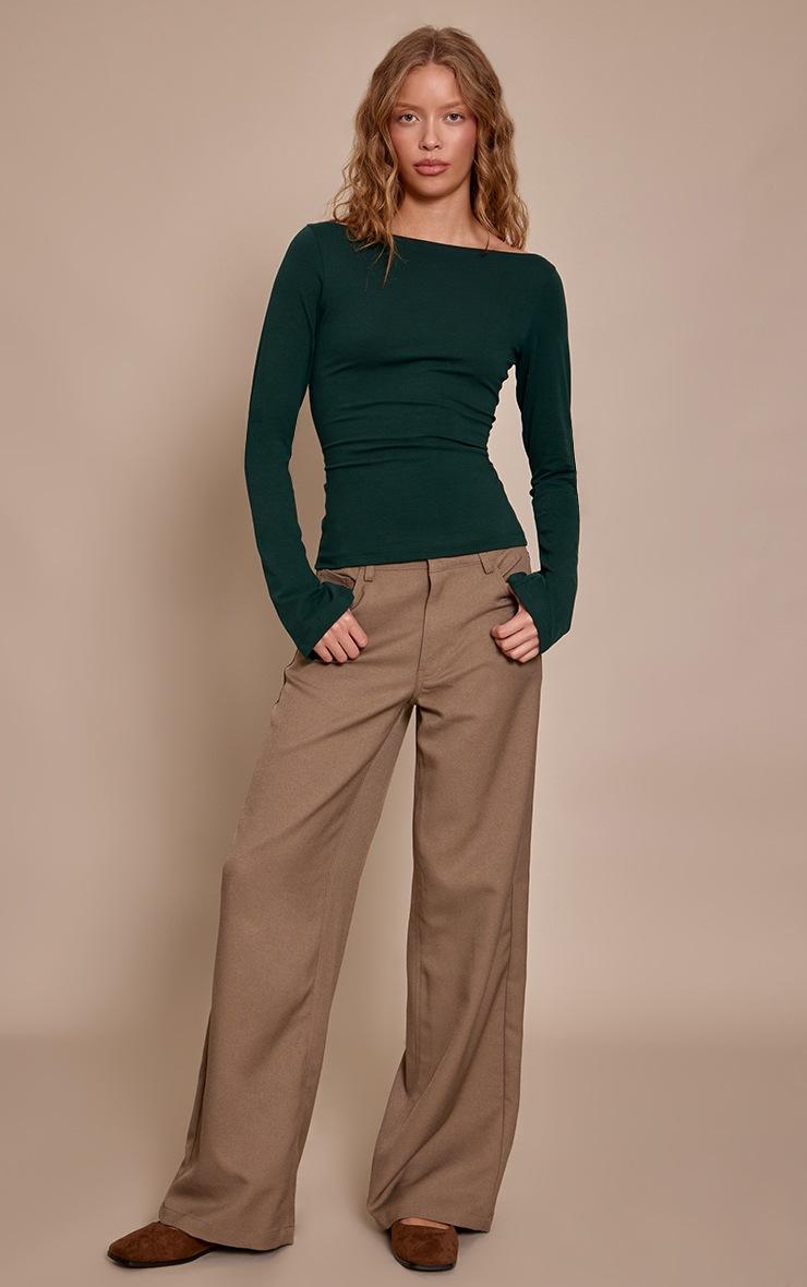 Pretty Little Thing Forest Green Soft Cotton Boat Neck Flared Long Sleeve Top