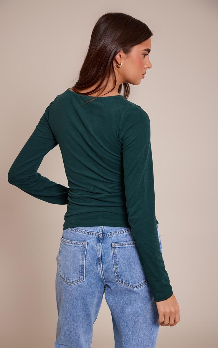 Pretty Little Thing Forest Green Soft Cotton Ruched Side Long Sleeve Top