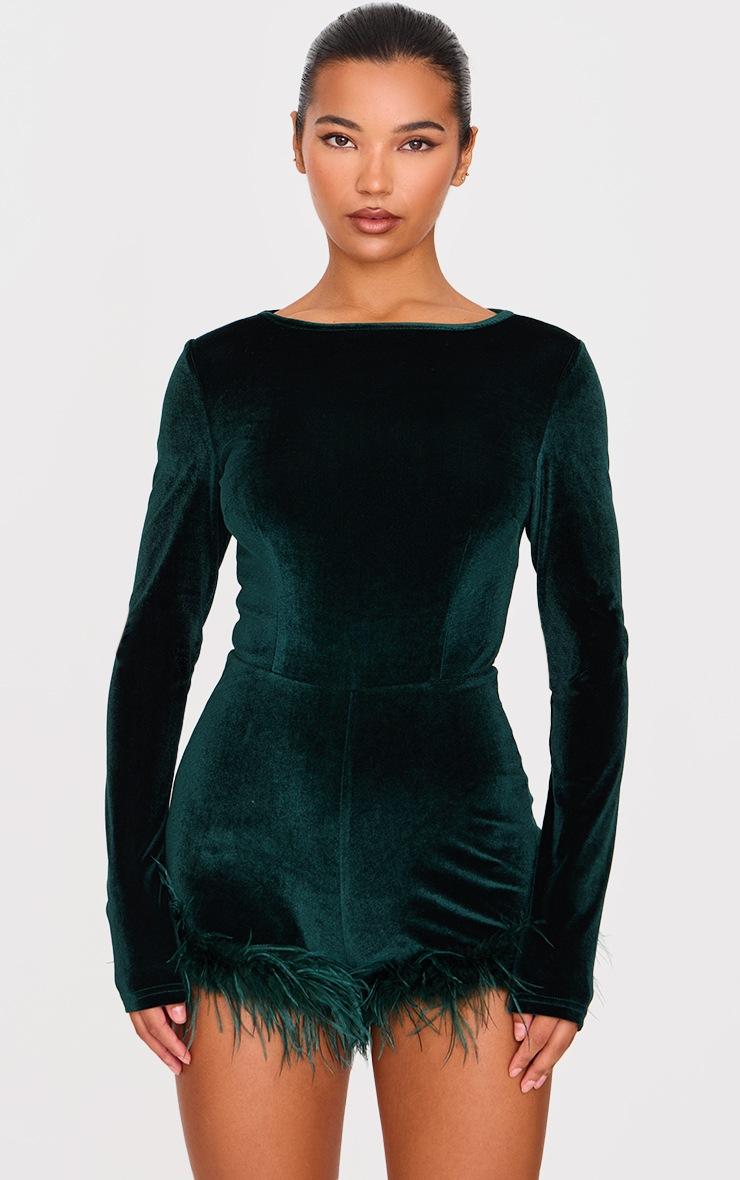 Pretty Little Thing Forest Green Velvet Long Sleeve Feather Trim Romper